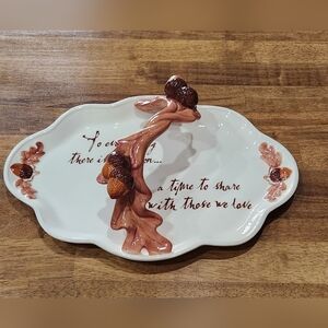Decorative Acorn Handle Ceramic Serving Tray in White and Brown